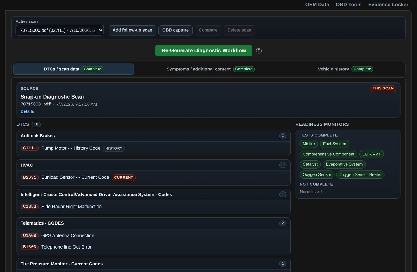 Source data with diagnostic trouble codes, readiness monitors, and scan data