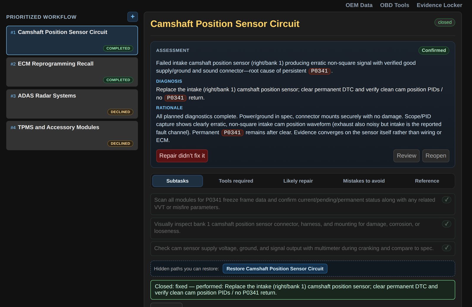 Workflow showing a confirmed diagnosis on the case